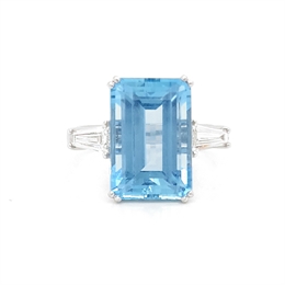 Aquamarine Octagon Dress Ring With Tapered Baguette Diamond Shoulders 7.14ct 