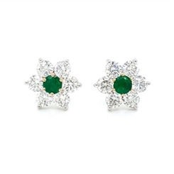 Floral Emerald & Diamond Claw Set Cluster Earrings 0.38ct