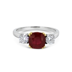 Ruby Cushion Cut & Brilliant Cut Diamond Three Stone Ring 3.01ct
