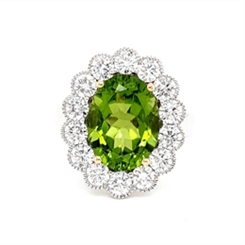 Peridot Oval & Diamond Vintage Style Cluster Ring 5.96ct