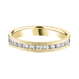 3.2mm Diamond Half Channel Set Milgrain Wedding Ring 18ct Yellow Gold