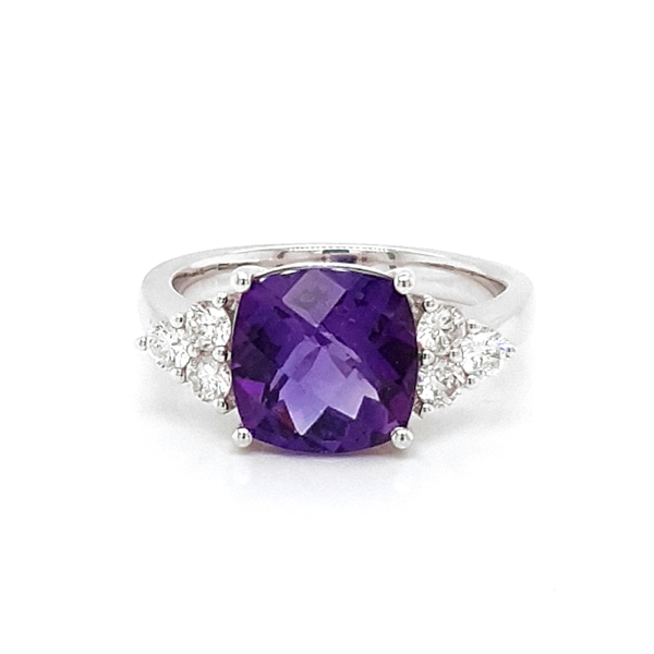 Amethyst Checkerboard Cushion Cut Dress Ring With Trefoil Shoulders 2.65ct