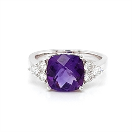 Amethyst Checkerboard Cushion Cut Dress Ring With Trefoil Shoulders 2.65ct