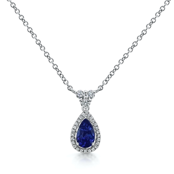 Sapphire Pear Shape & Diamond Cluster Drop Pendant 1.98ct