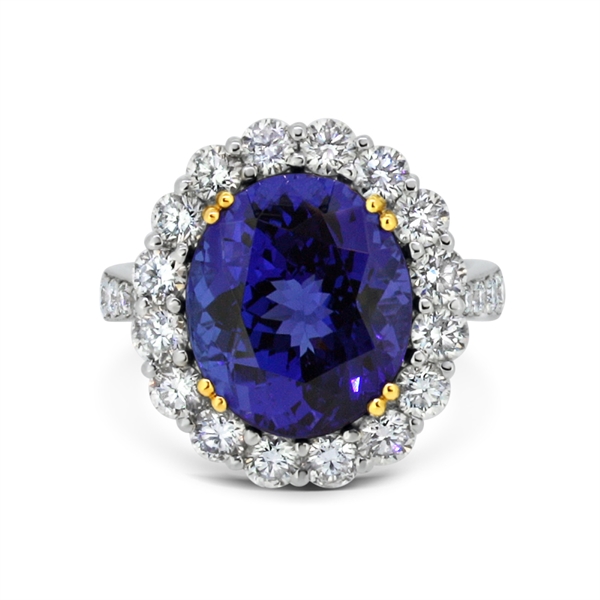 Tanzanite Oval & Diamond Cluster Ring With Diamond Set Shoulders 8.17ct