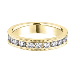 3.8mm Diamond Half Channel Set Milgrain Wedding Ring 18ct Yellow Gold