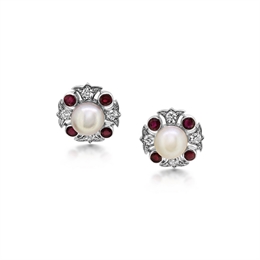 Pearl Ruby & Diamond Cluster Stud Earrings