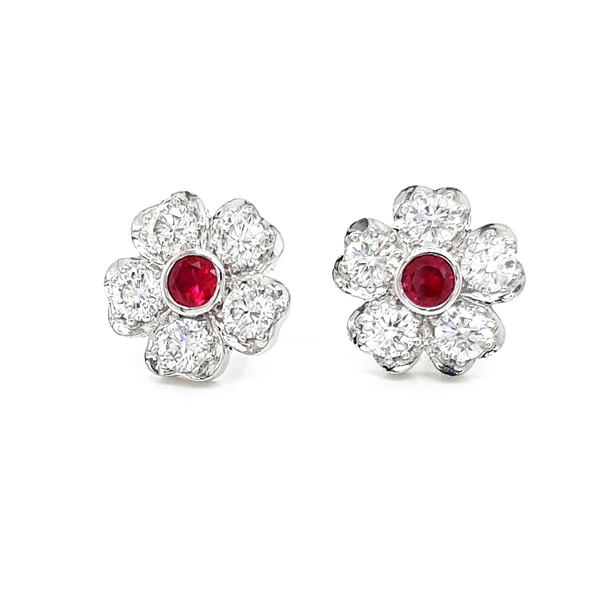 Floral Ruby & Diamond Cluster Stud Earrings 0.34ct