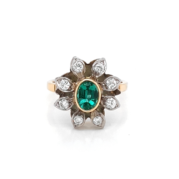 Emerald & Diamond Vintage Style Flower Cluster Ring 0.90ct
