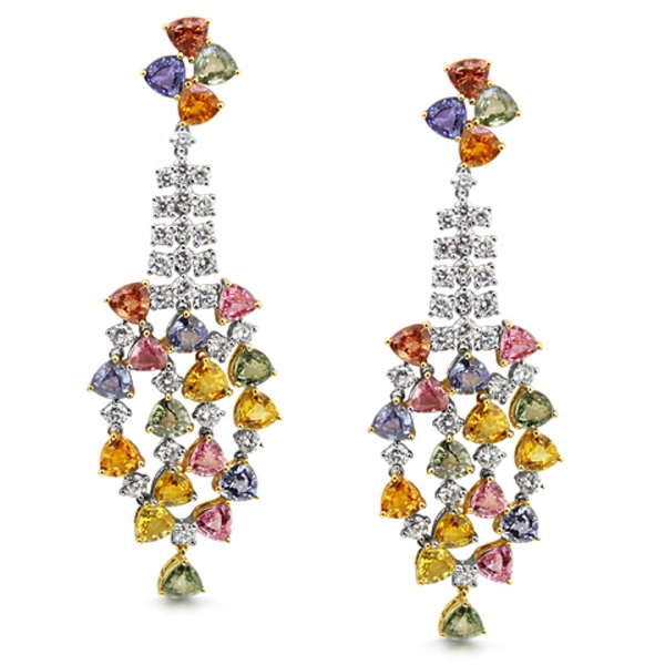 Colourful Sapphire & Diamond Cascading Drop Earrings 24.27ct