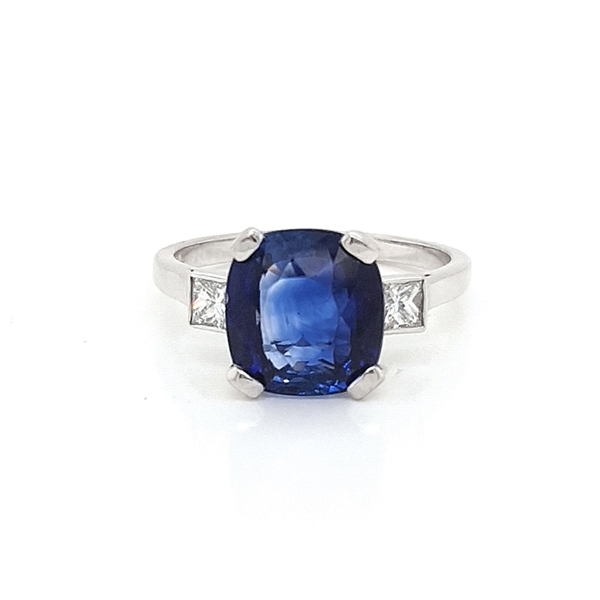 Cushion Cut Sapphire & Princess Cut Diamond Three Stone Ring 4.36ct