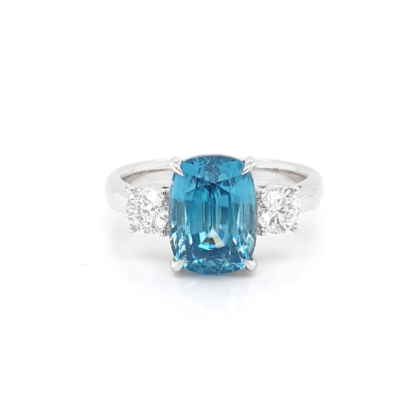 Blue Zircon Cushion Cut & Diamond Three Stone Ring 5.83ct